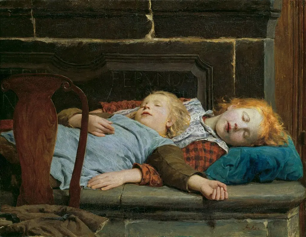Two sleeping girls on the stove bench, by Albert Anker, oil, 1898