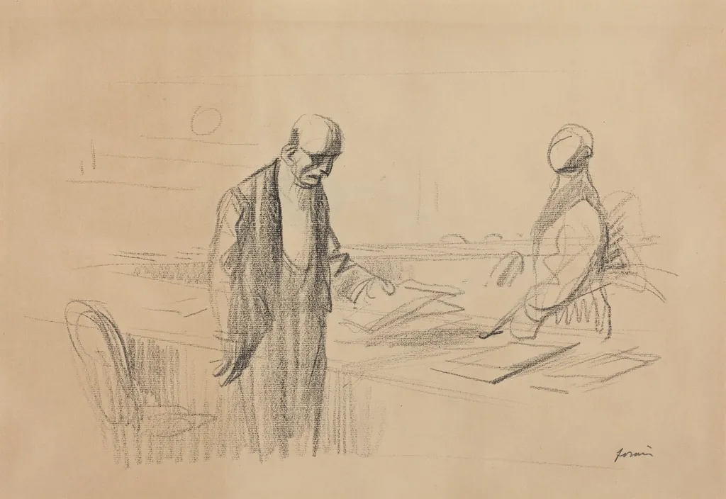a) At the Conference (recto); b) Reclining Figure (verso), by Jean-Louis Forain, crayon, 1919