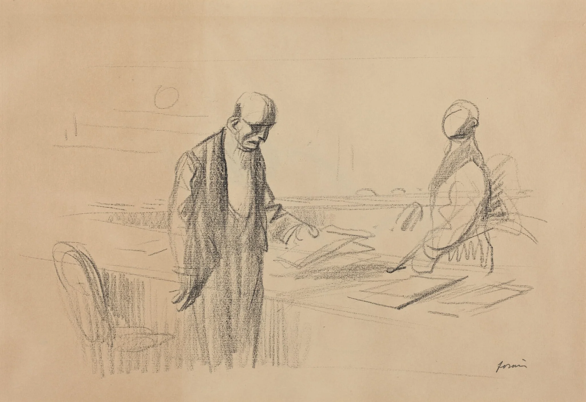 a) At the Conference (recto); b) Reclining Figure (verso), detail