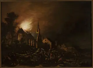Church on fire, by Egbert van der Poel, oil, 1658