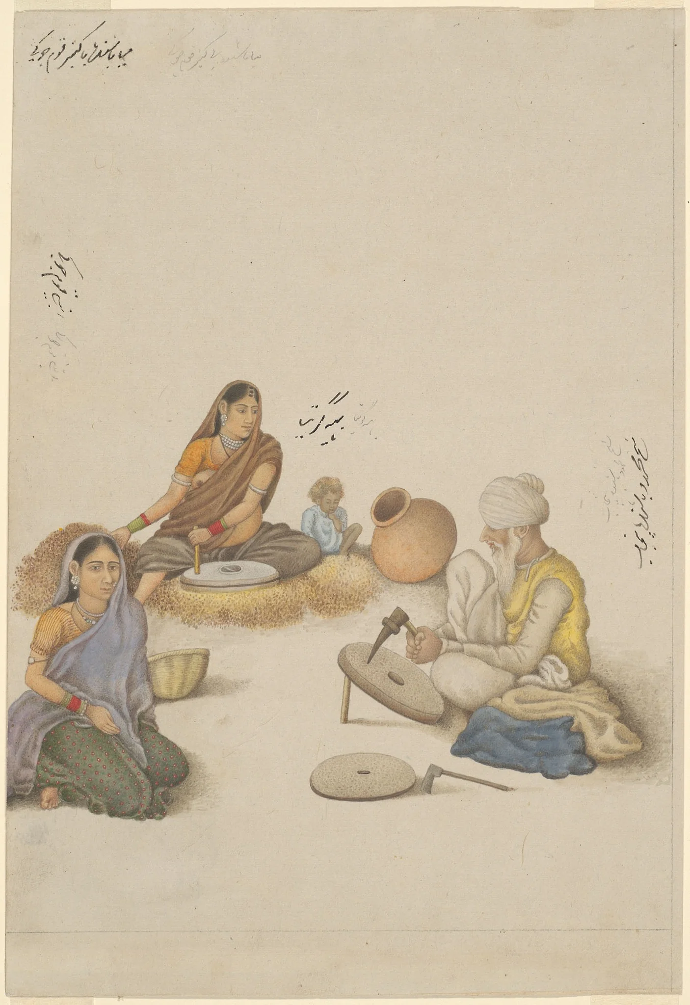 Villagers Grinding Corn, page from the Fraser Album, detail