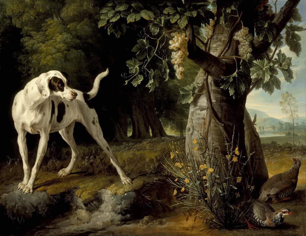 Landscape with a Dog and Partridges, by Alexandre-François Desportes, oil, 1719