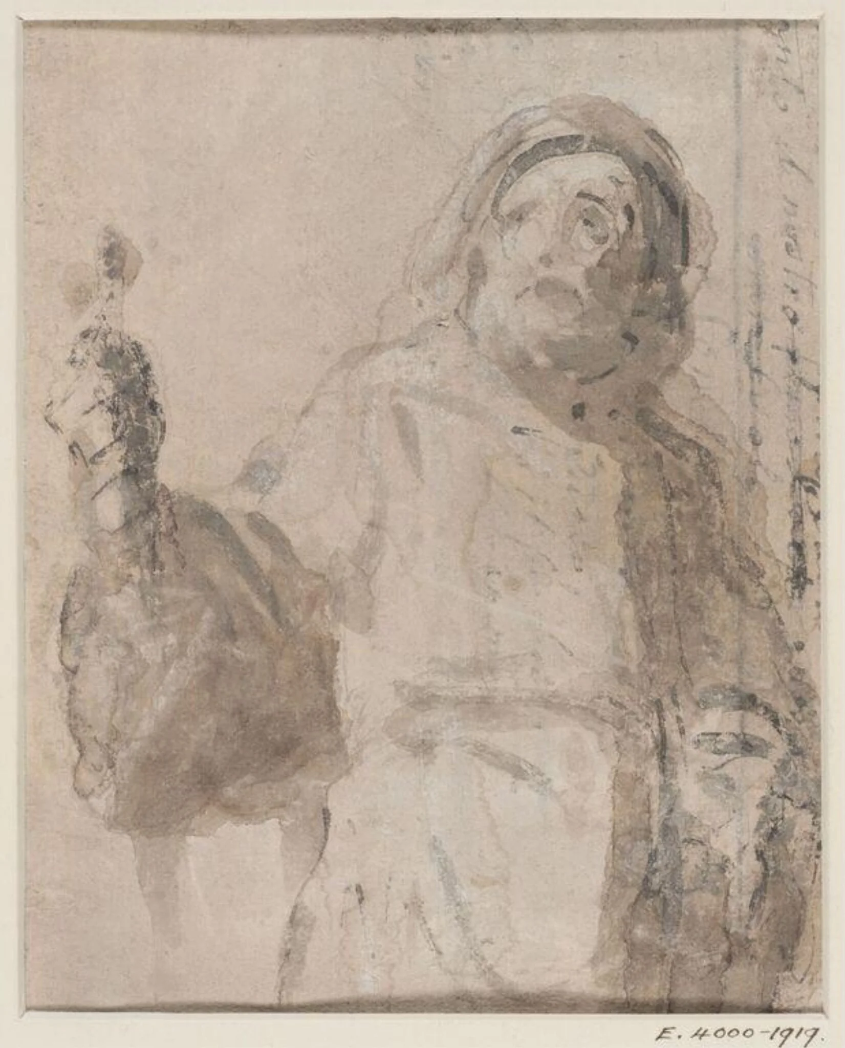 Half-length figure of a man with his right arm extended, detail