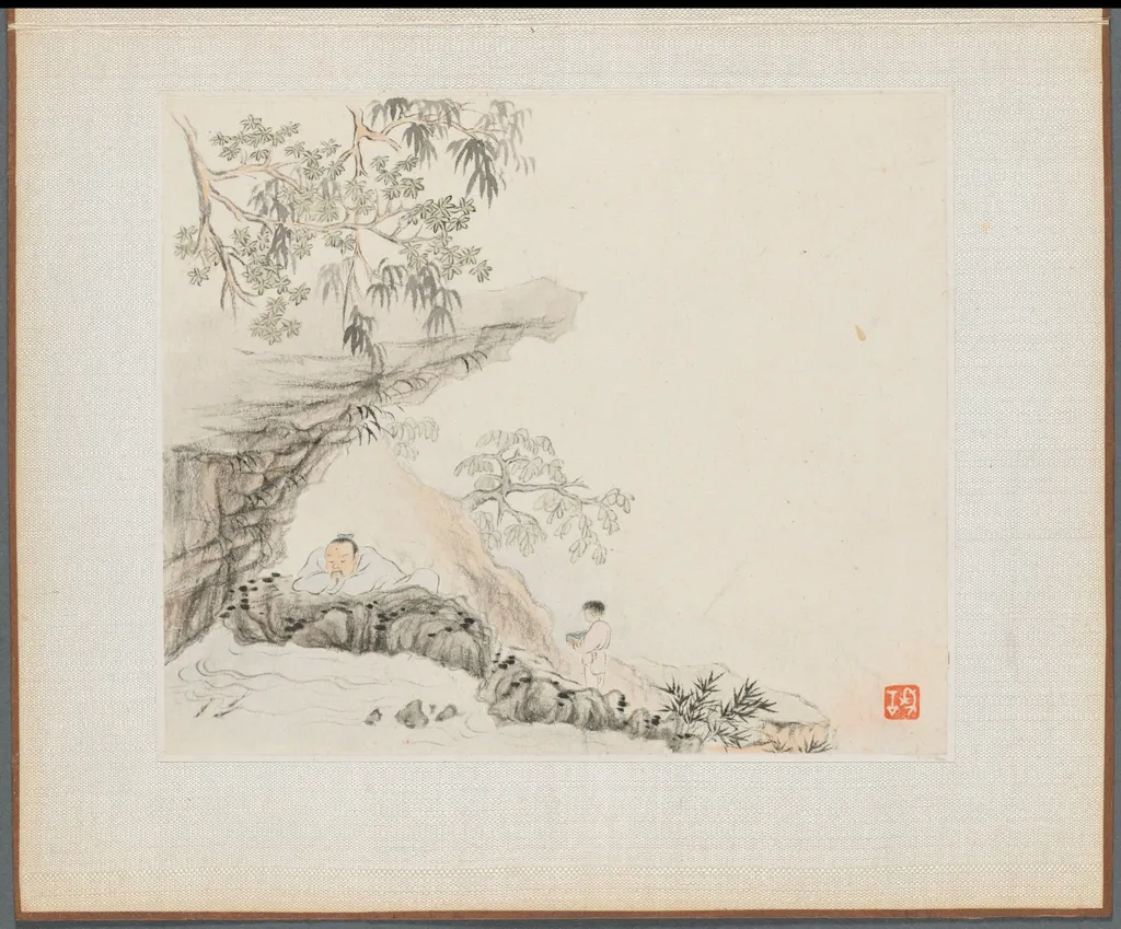 Album of Landscape Paintings Illustrating Old Poems: Scholar watching Fish, by Hua Yan, unspecified, 1745