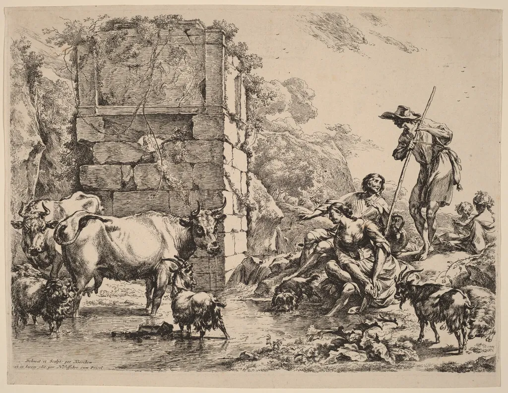 Cow Drinking, by Nicolaes Pieterszoon Berchem, ink, 1680
