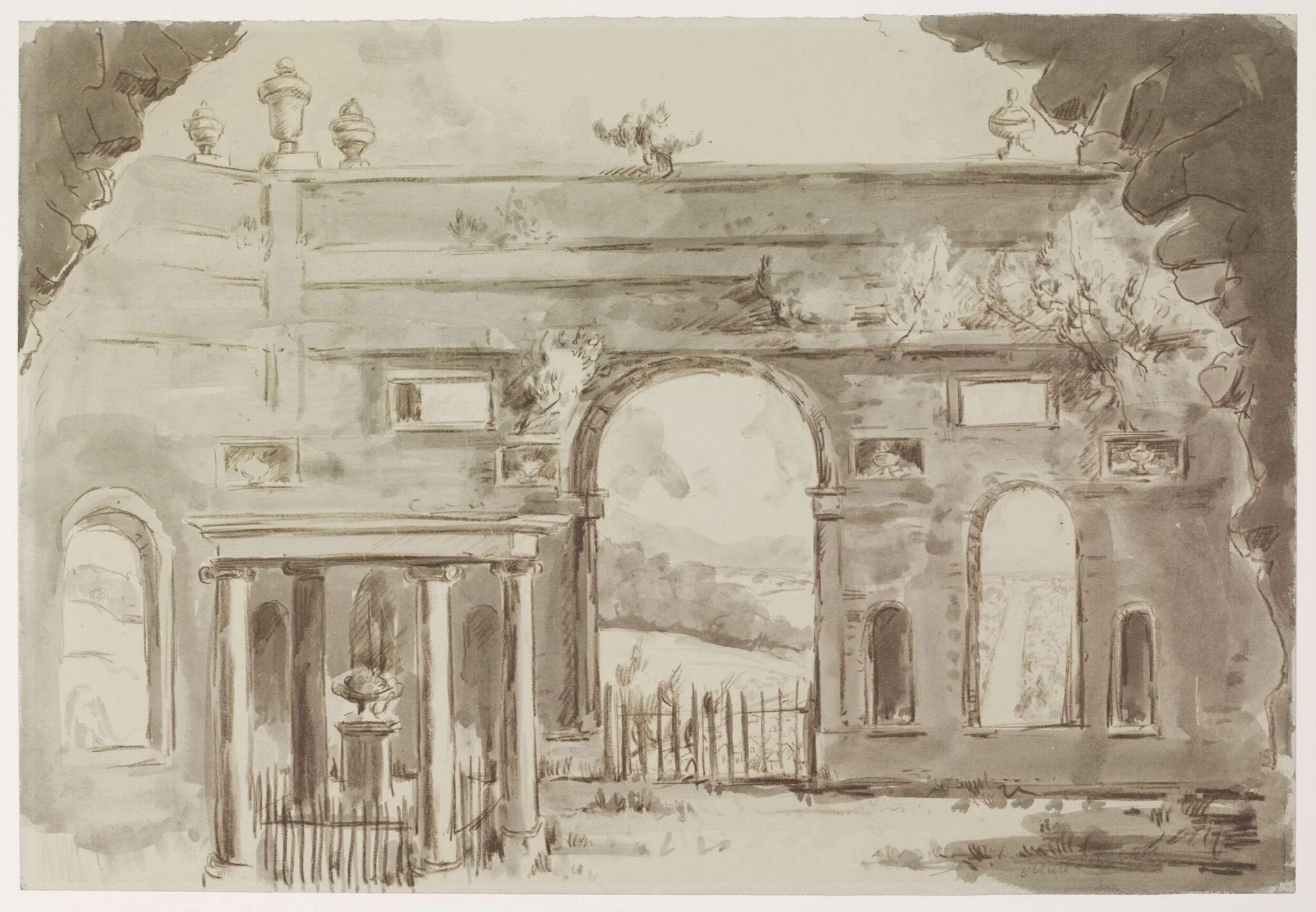 Dashwood Mausoleum West Wycombe, with road to High Wycombe, detail
