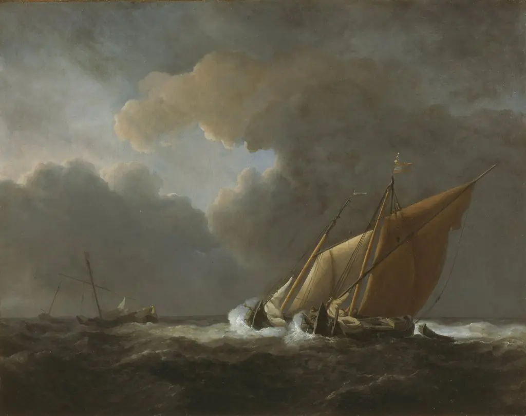 Two Dutch Vessels Close-Hauled in a Strong Breeze, by Willem van de Velde the Younger, oil, 1680