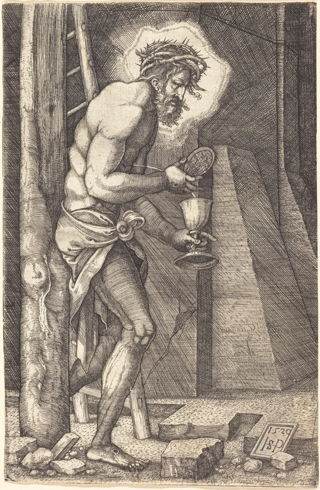 Christ as Man of Sorrows at the Foot of the Cross, by Sebald Beham, ink, 1520