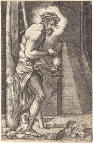 Christ as Man of Sorrows at the Foot of the Cross, by Sebald Beham, ink, 1520