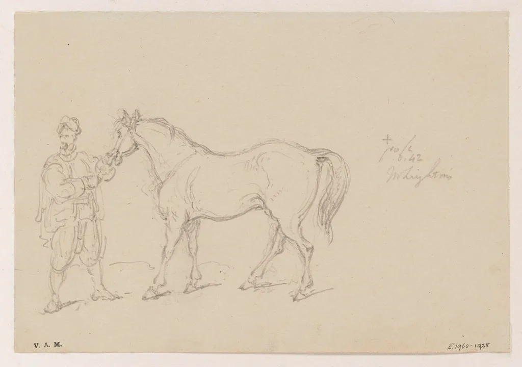 A turbaned figure holding a horse, by George Chinnery, 5