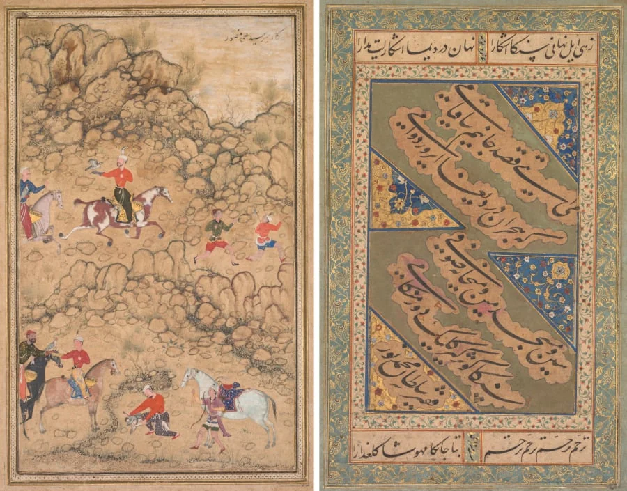 Hunting with falcons in a landscape; verso: Calligraphy of Chaghatai Turkish poems in praise of wine, Sultan Muhammad Nur (Persian, c. 1472–1536) and Mirza Muhammad (probably Persian, active c. 1520s), detail