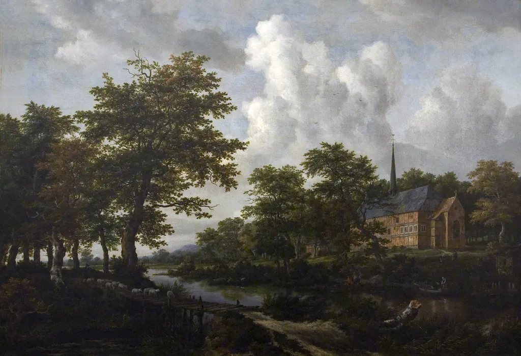 River landscape with church, by Jacob van Ruisdael, oil, 1660