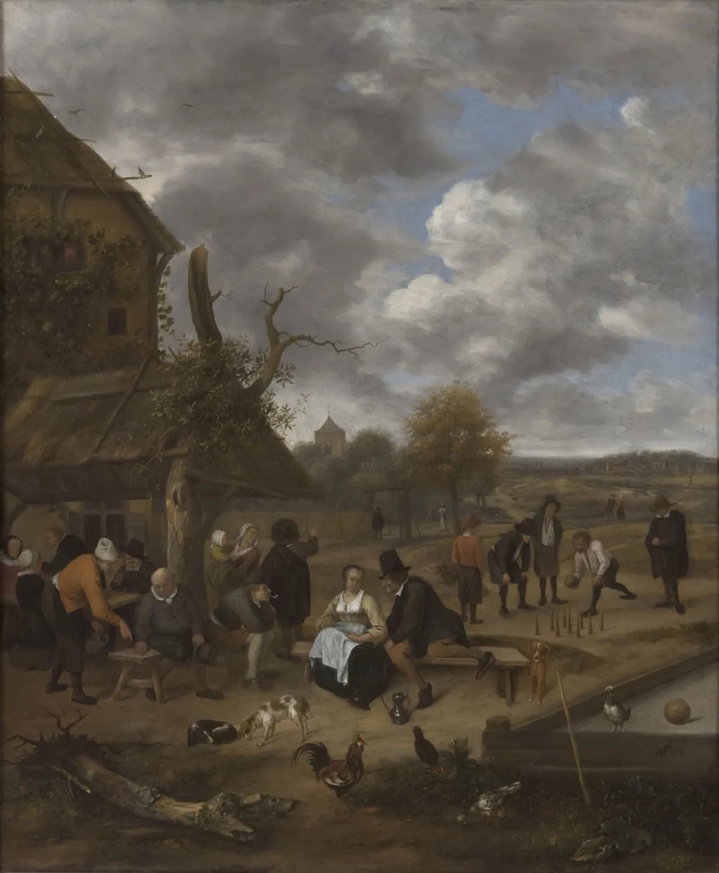 Landscape with an Inn and Skittles, by Jan Steen, oil, 1656