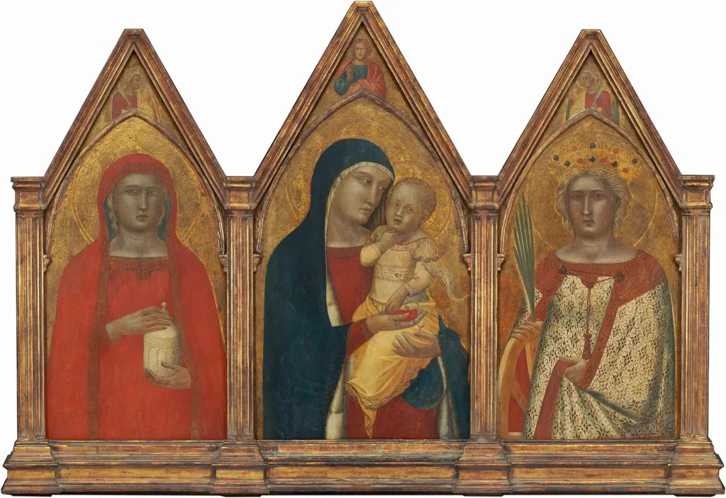 Madonna and Child with the Blessing Christ, and Saints Mary Magdalene and Catherine of Alexandria with Angels [entire triptych], by Pietro Lorenzetti, tempera, 1340