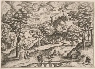 Landscape with the Baptism of Christ, by Johannes van Doetechum the Elder, ink, 1562