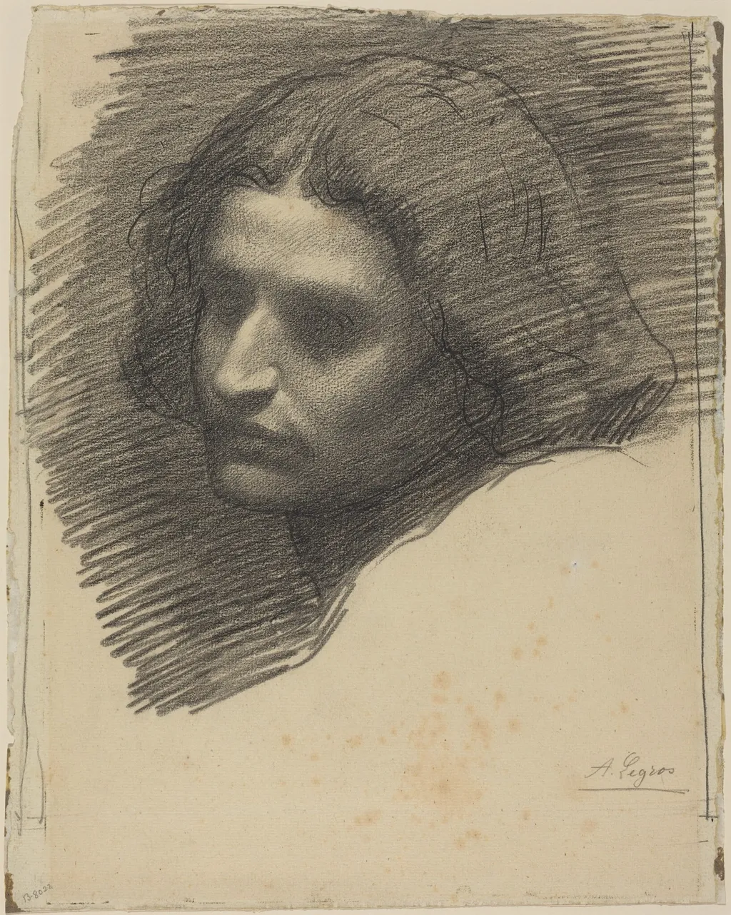 Head of a Man Facing Left [recto], by Alphonse Legros, chalk, 1874