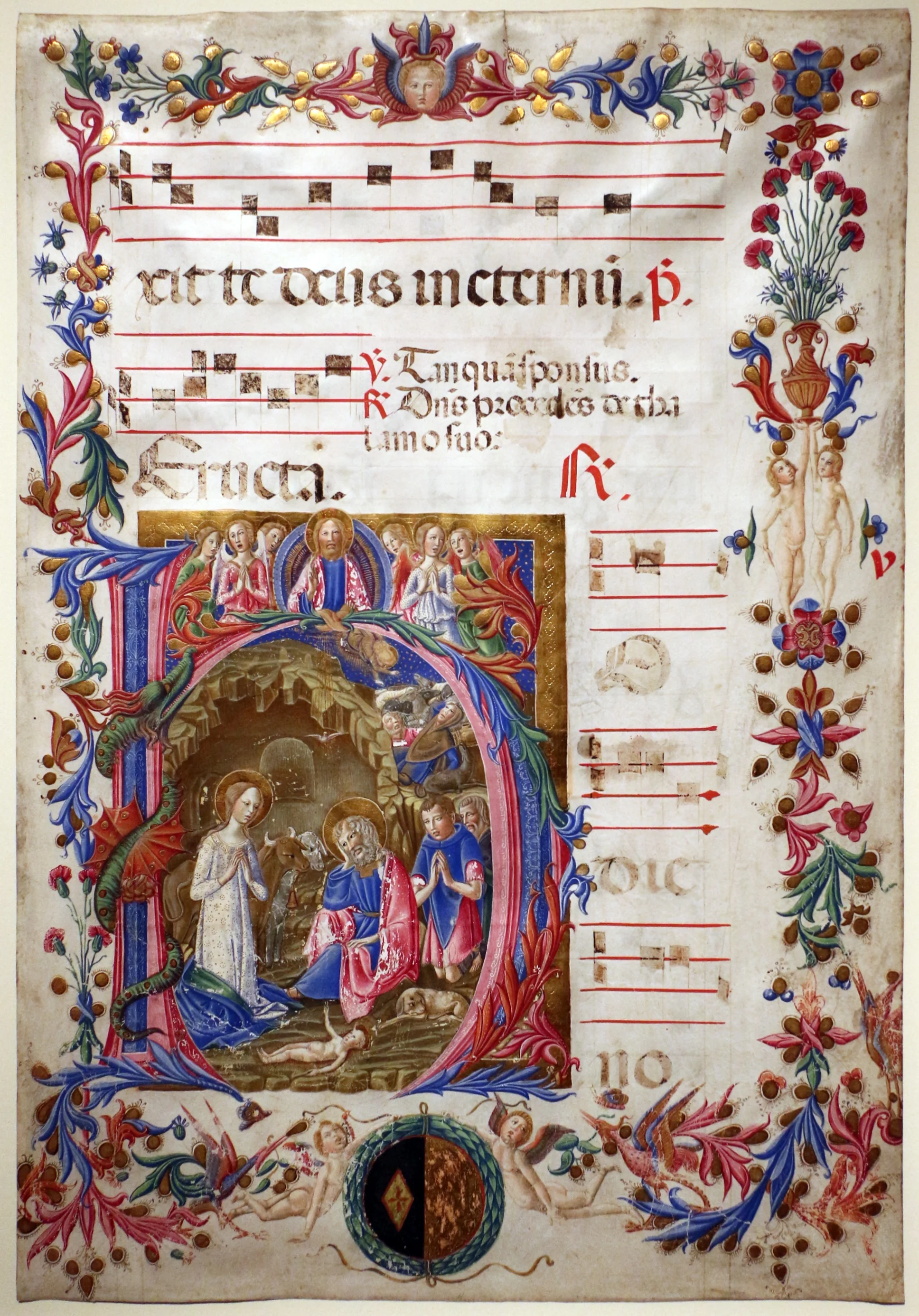 pagina di antifonario con iniziale H e la natività, detail