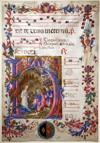 pagina di antifonario con iniziale H e la natività, by Benvenuto di Giovanni, unspecified, 1486