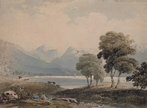 Landscape with lake and mountains, by Anthony Vandyke Copley Fielding, watercolor, 1850