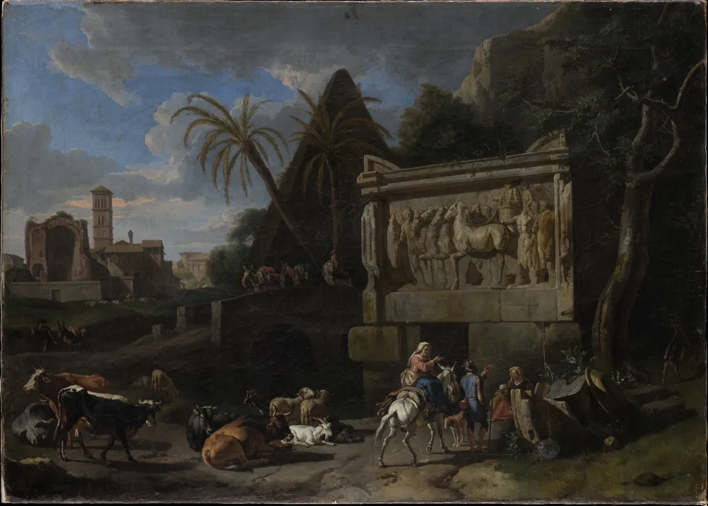 Landscape with Ancient Ruins, a Resting Flock in the Front, by Pieter van Bloemen, oil, 1707