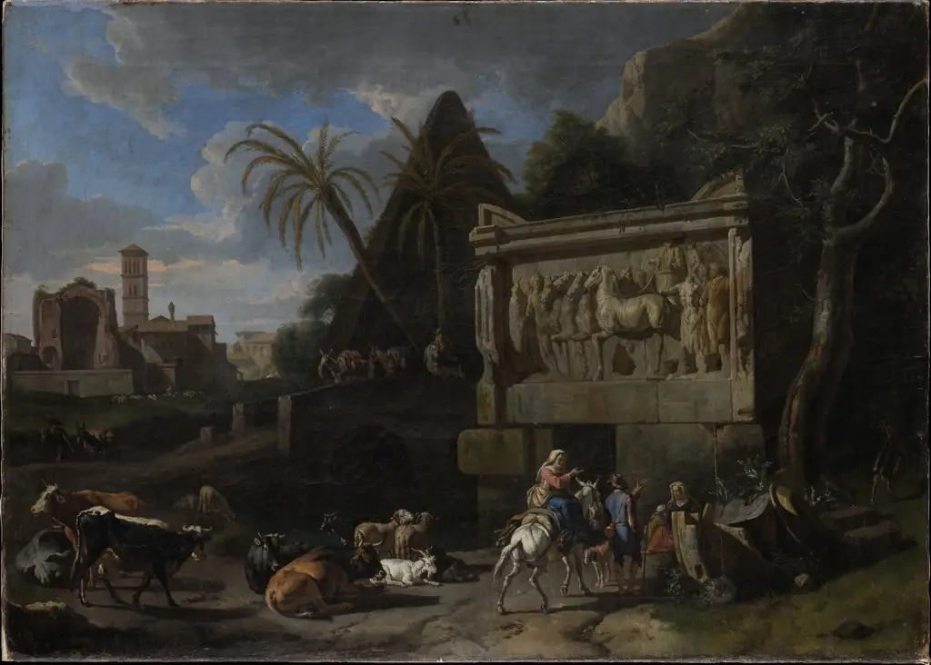 Landscape with Ancient Ruins, a Resting Flock in the Front, by Pieter van Bloemen, oil, 1707
