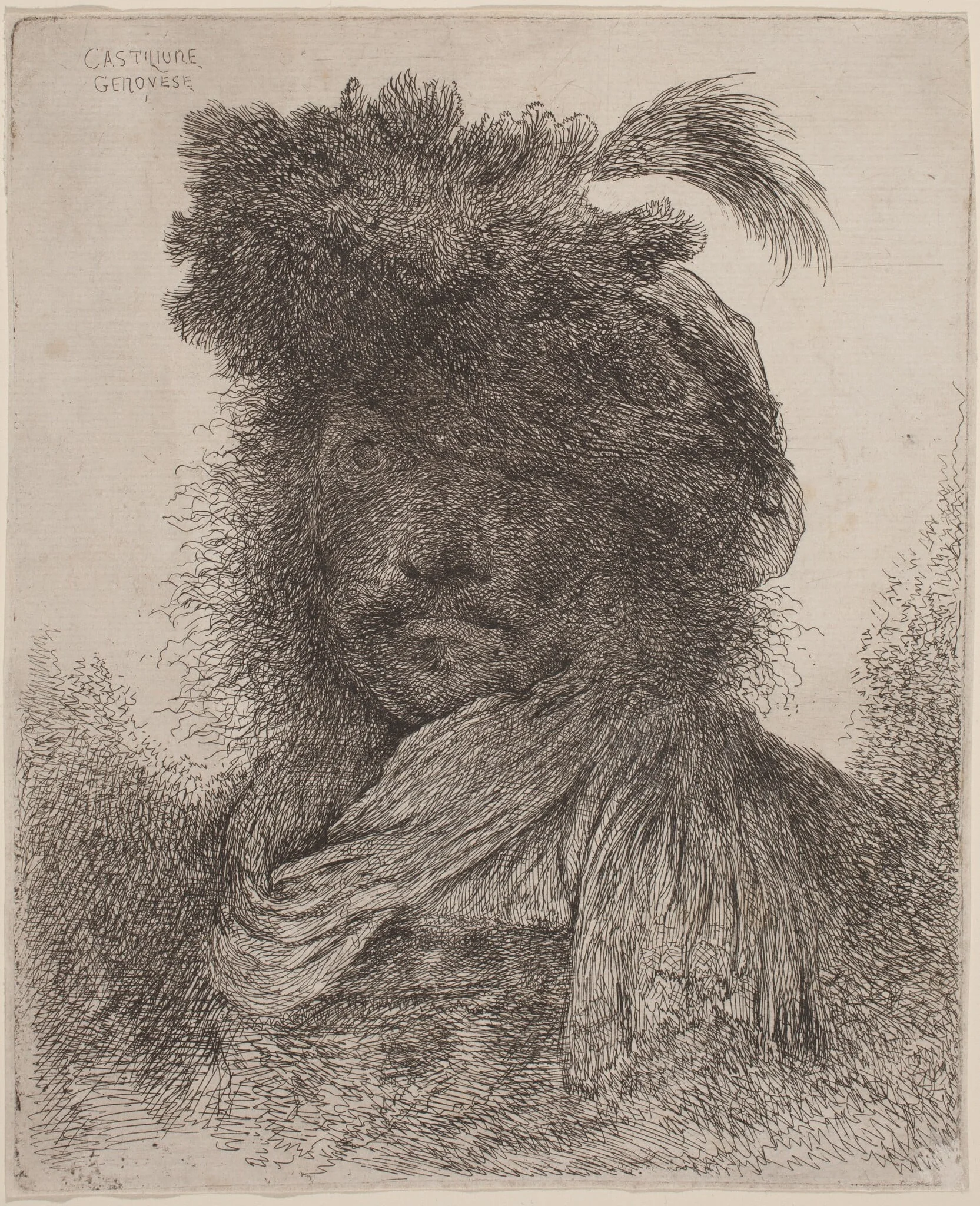 Bearded Man with Shadowed Face, Wearing a Scarf and a Plumed Hat, detail