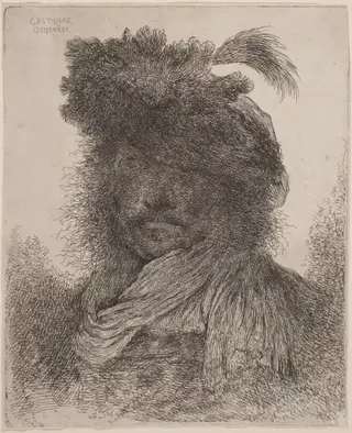 Bearded Man with Shadowed Face, Wearing a Scarf and a Plumed Hat, by Giovanni Benedetto Castiglione, ink, 1646