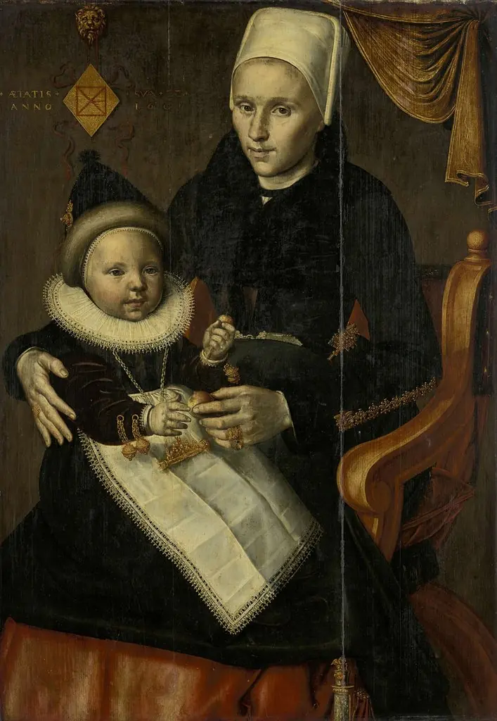Mother and Child in Noord-Holland Costume, by Jan Claesz., oil, 1601