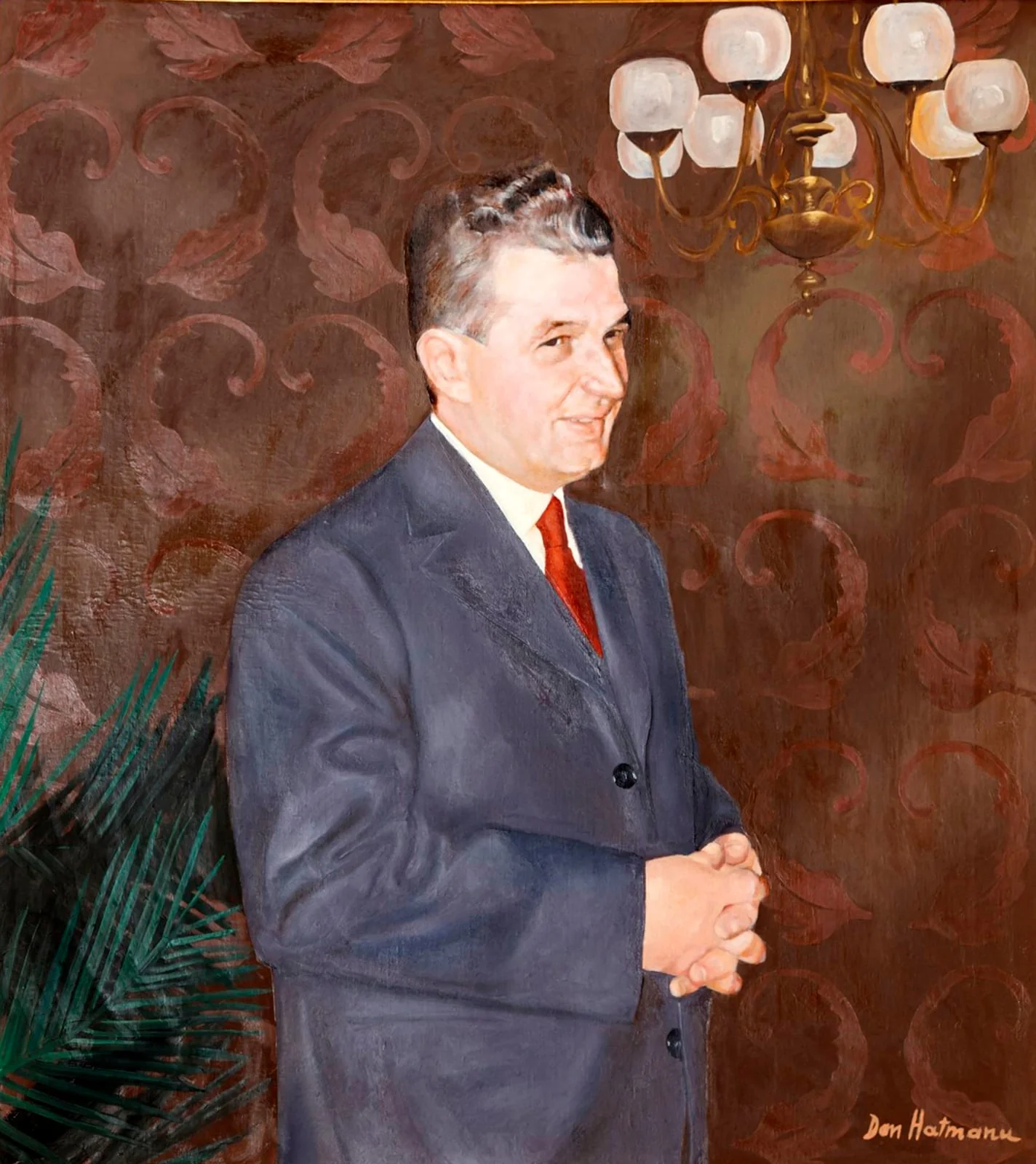 Tablou reprezentându-l pe Nicolae Ceaușescu, semnat dreapta jos Dan Hatmanu. Oferit cadou cu ocazia împlinirii vârstei de 60 de ani de către președintele RSR (ianuarie 1978)., detail