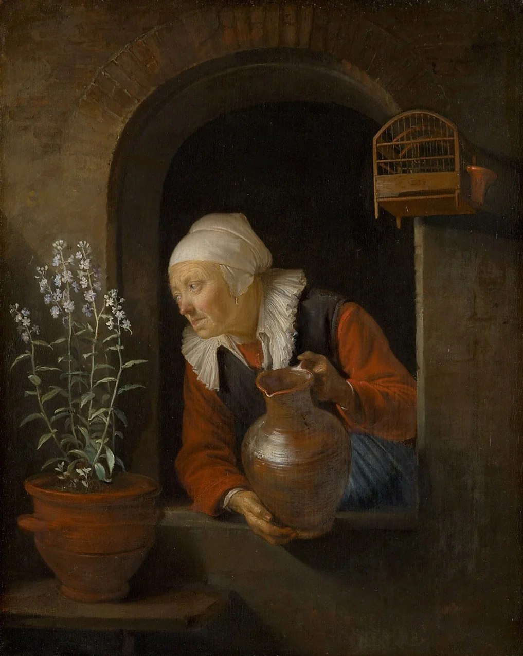 Old Woman Watering Flowers, detail