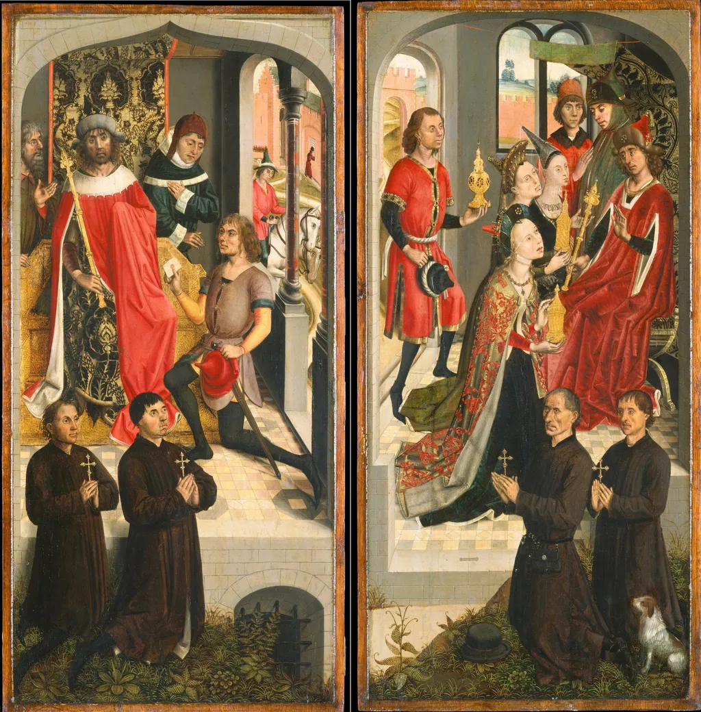 Abner's Messenger before David (?); The Queen of Sheba Bringing Gifts to Solomon; (The Annunciation, on the reverse), by Master of the Legend of Saint Barbara, oil, 1490