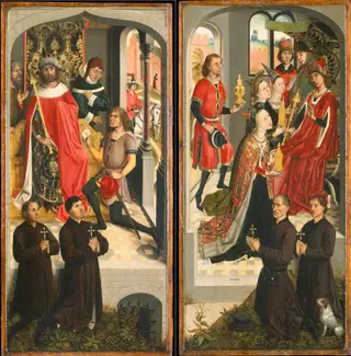 Abner's Messenger before David (?); The Queen of Sheba Bringing Gifts to Solomon; (The Annunciation, on the reverse), by Master of the Legend of Saint Barbara, oil, 1490