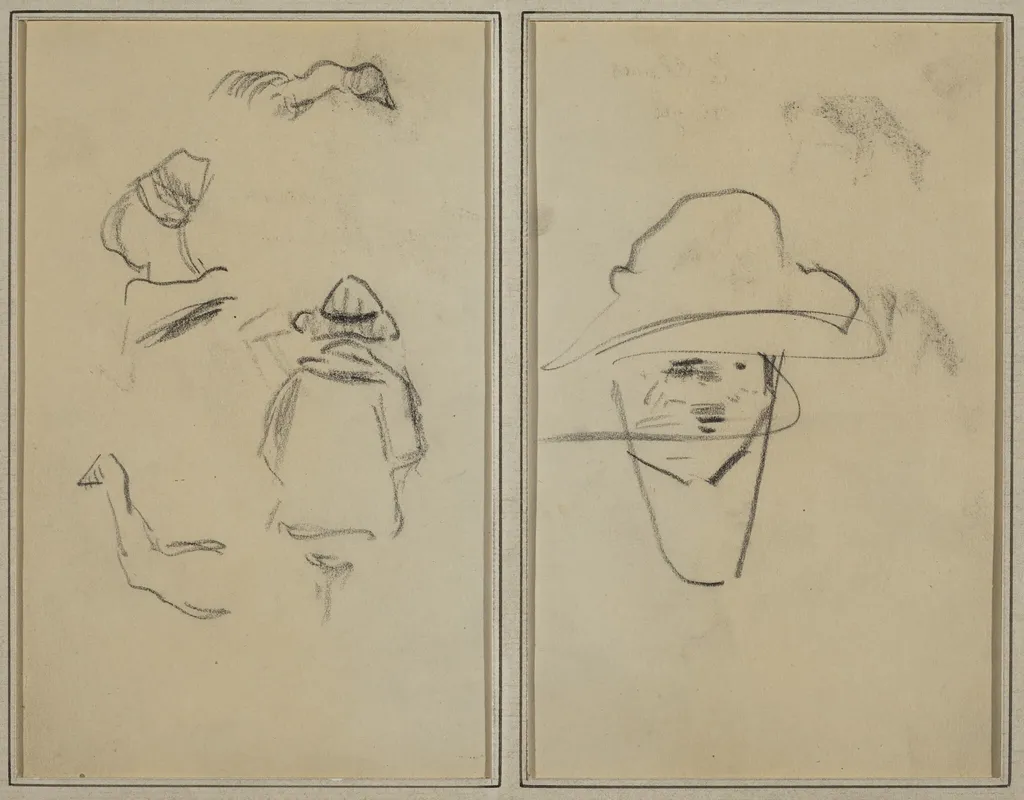Two Breton Figures and Studies of Two Geese; Man Wearing Hat [verso], by Paul Gauguin, crayon, 1886