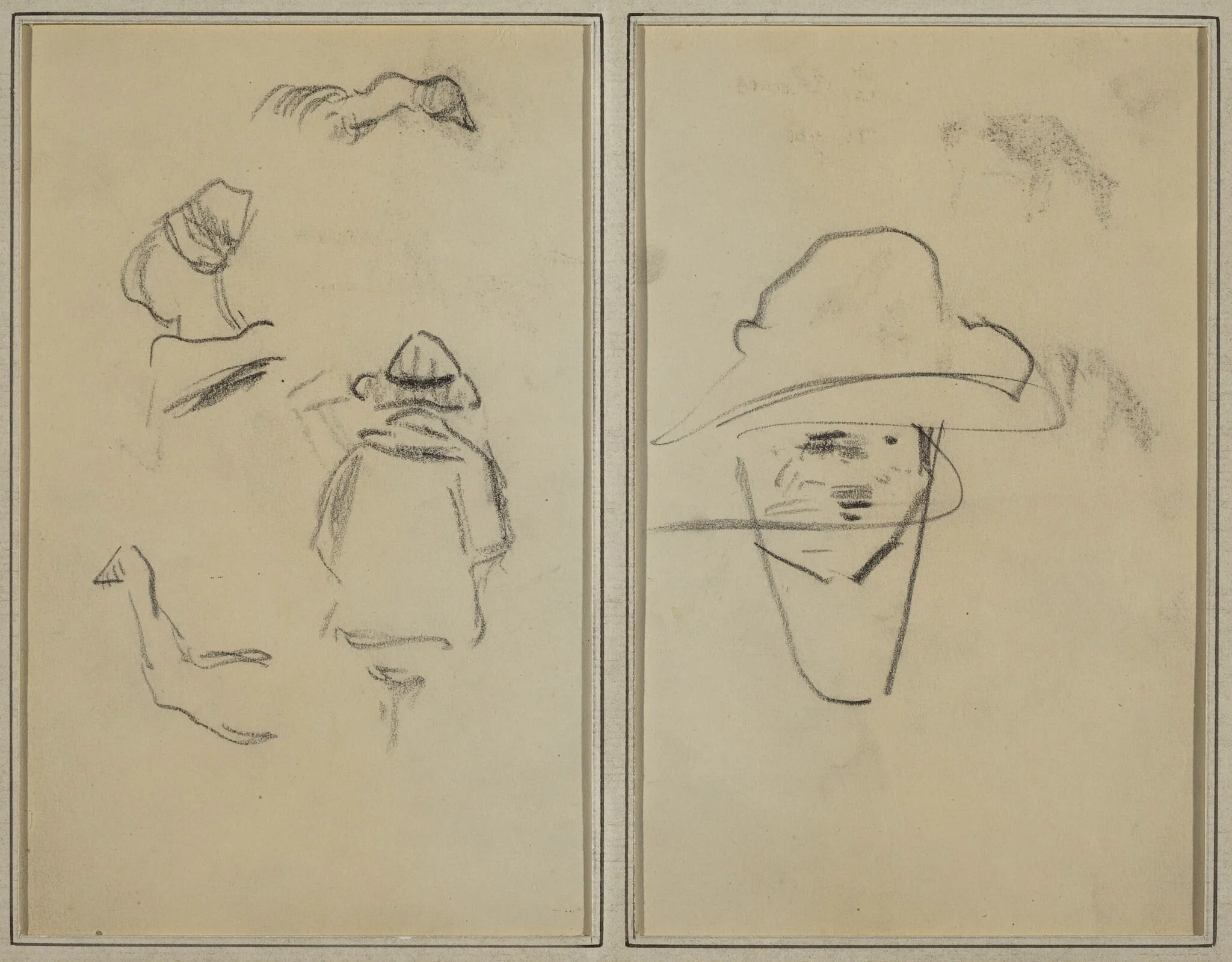 Two Breton Figures and Studies of Two Geese; Man Wearing Hat [verso], detail