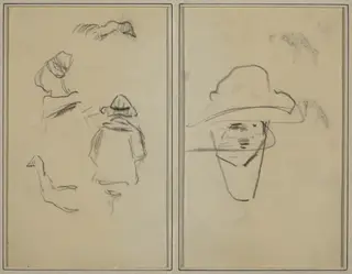 Two Breton Figures and Studies of Two Geese; Man Wearing Hat [verso], by Paul Gauguin, crayon, 1886
