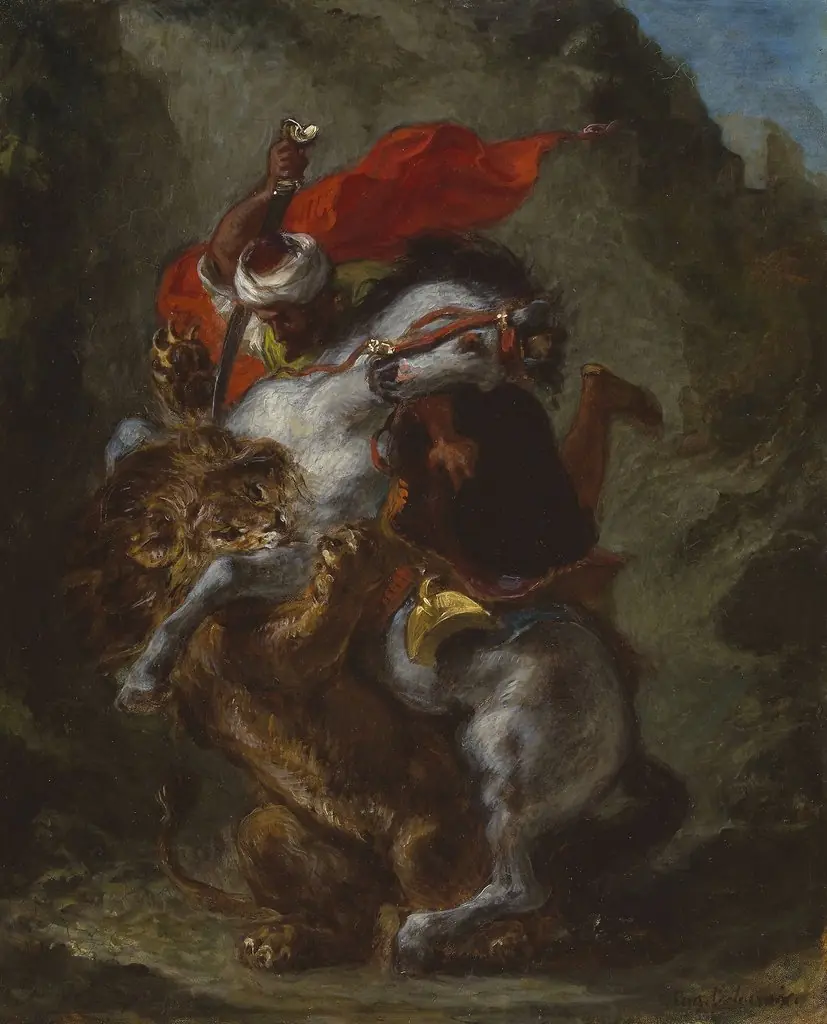 Arab Horseman Attacked by a Lion, by Eugène Delacroix, oil, 1849