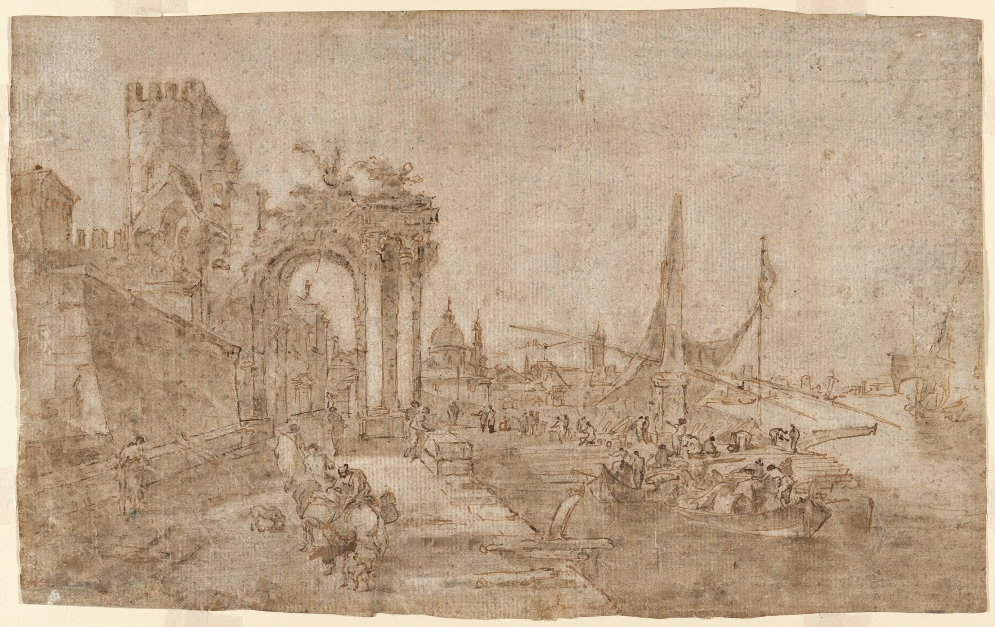 Venetian Capriccio with Boats Unloading (recto); Figures among Ruins (verso), detail