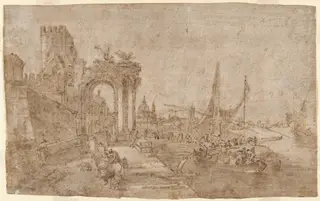 Venetian Capriccio with Boats Unloading (recto); Figures among Ruins (verso), by Francesco Guardi, chalk, 1770