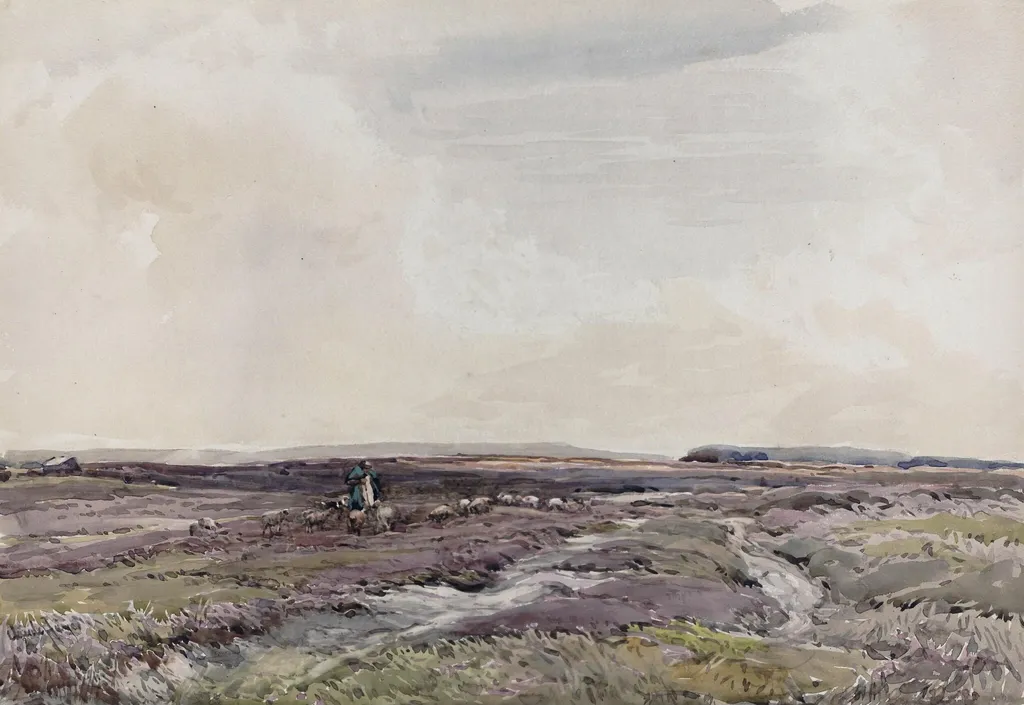Sheep on the Moor, by Claude Hayes, watercolor, 1875