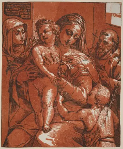 Madonna and Child Accompanied by Saints, by Andrea Andreani, ink, 1585