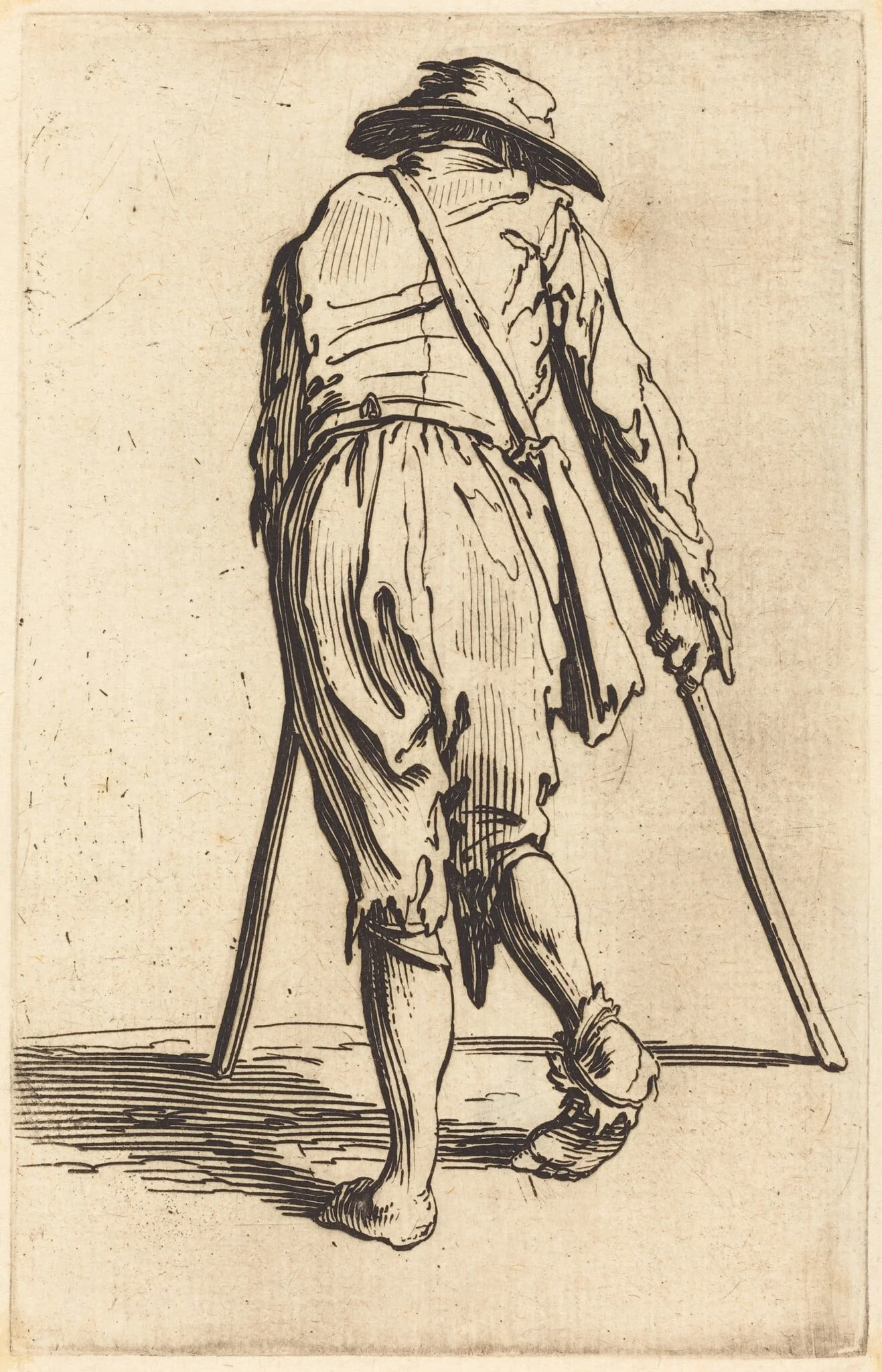 Beggar with Crutches and Hat, Back View, detail