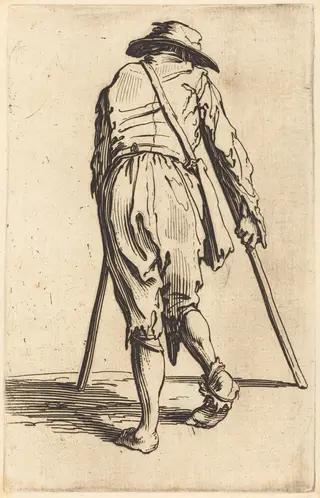 Beggar with Crutches and Hat, Back View, by Jacques Callot, ink, 1622