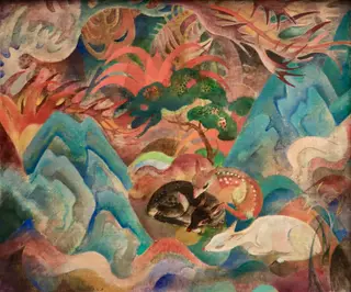 Deer in Japanese Landscape, by Jean-Bloé Niestlé, oil, 1918