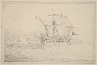 Ship under Sail, by N. Artsay, ink, 1840
