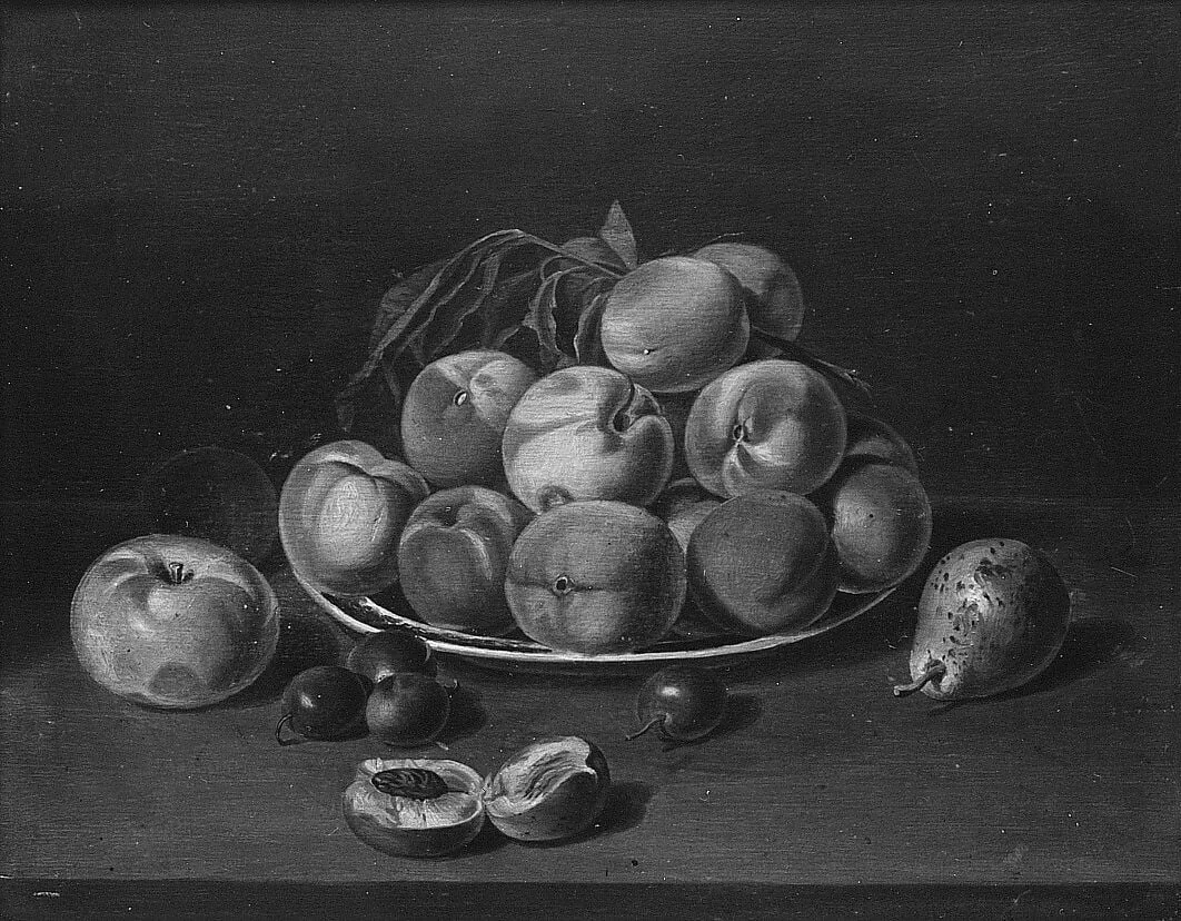 Still Life: Peaches, Apple, and Pear, detail