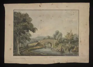Watercolour drawing by the Grieve family, probably by John Henderson Grieve, showing a canal bridge near Bath, by John Henderson Grieve, 1815