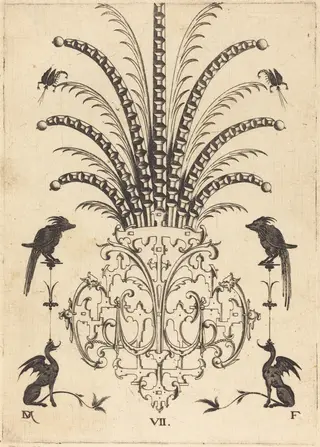 Brooch with Table-Stones, Flying Scorpions  at Top, and Dogs at Bottom, by Daniel Mignot, ink, 1596