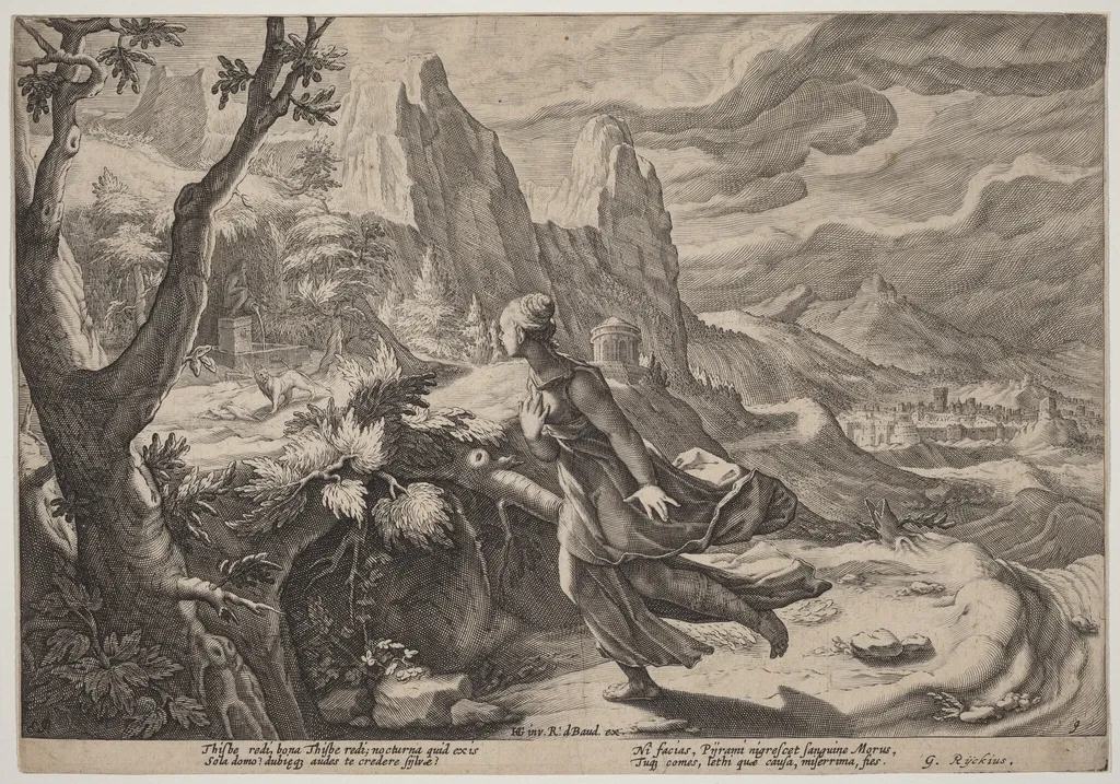 Thisbe Frightened by the Lion, by Hendrick Goltzius, ink, 1615