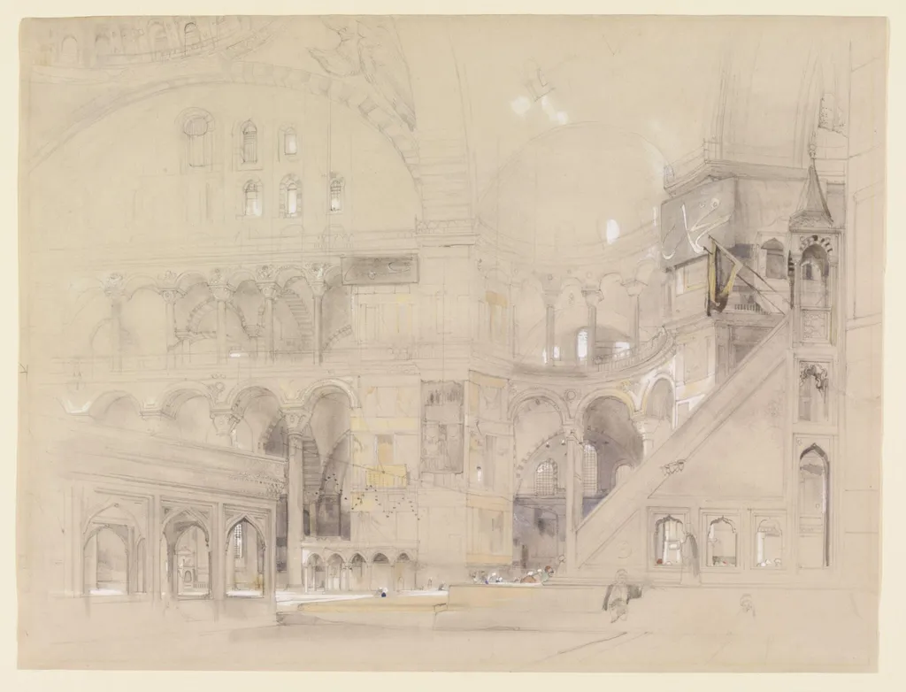 Interior of the Mosque of Aya Sofya, Istanbul  [Interior of Hagia Sophia, Constantinople], by John Frederick Lewis, watercolor, 1840