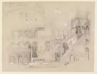 Interior of the Mosque of Aya Sofya, Istanbul  [Interior of Hagia Sophia, Constantinople], by John Frederick Lewis, watercolor, 1840